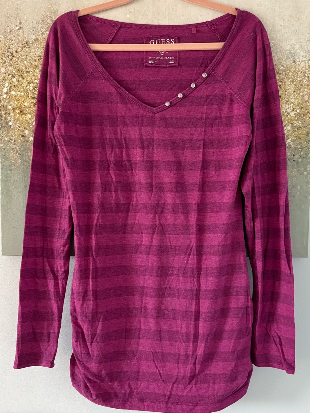 GUESS Magenta Striped V-Neck Long Sleeve Top (NWOT)